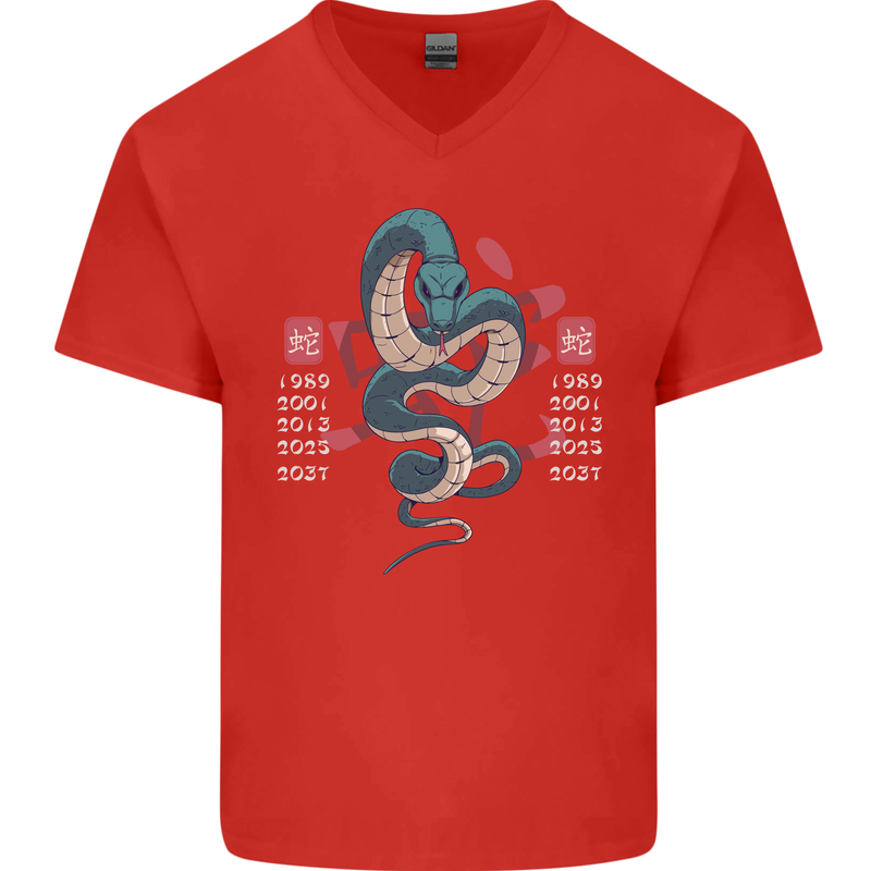 Chinese Zodiac Shengxiao Year of the Snake Mens V-Neck Cotton T-Shirt Red
