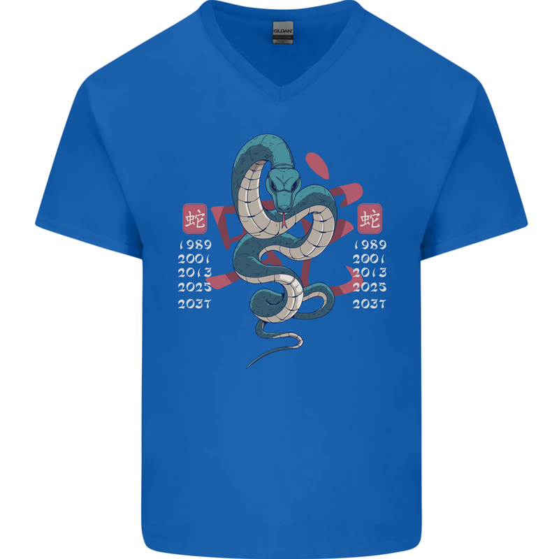 Chinese Zodiac Shengxiao Year of the Snake Mens V-Neck Cotton T-Shirt Royal Blue