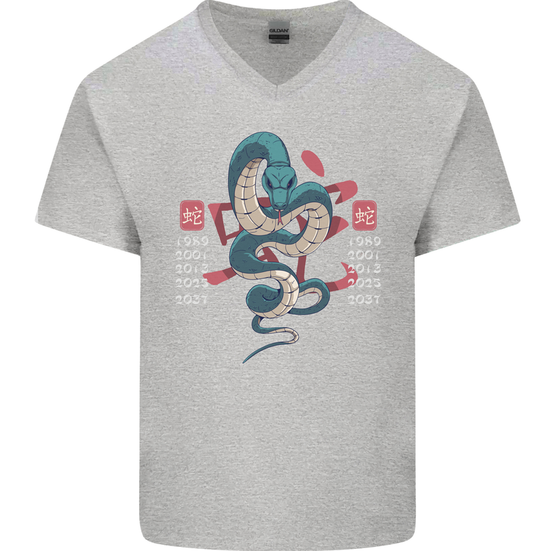 Chinese Zodiac Shengxiao Year of the Snake Mens V-Neck Cotton T-Shirt Sports Grey