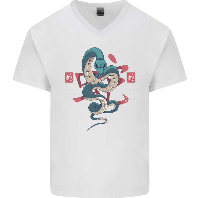 Chinese Zodiac Shengxiao Year of the Snake Mens V-Neck Cotton T-Shirt White