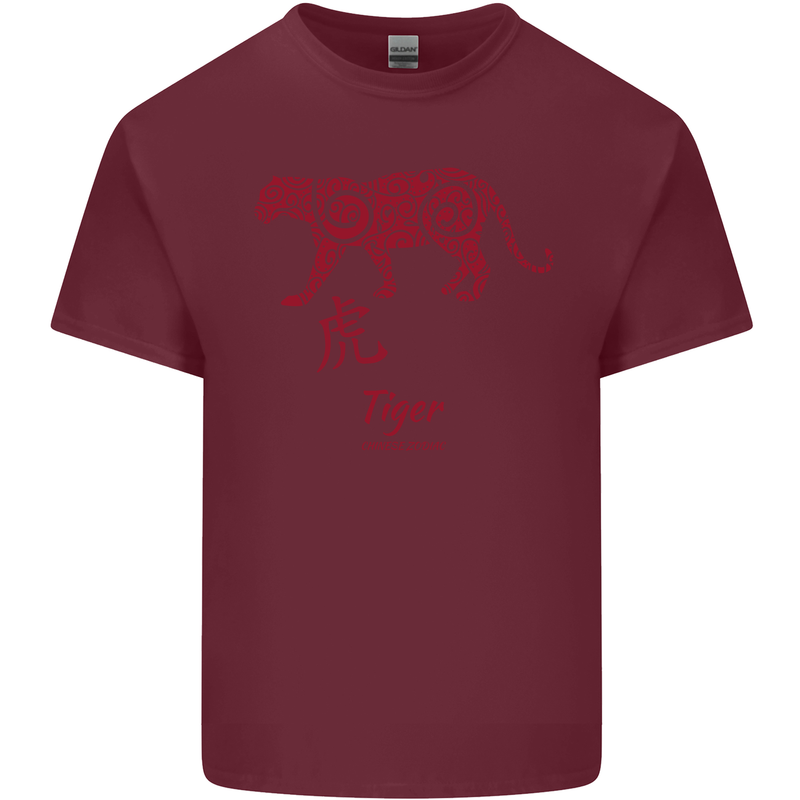 Chinese Zodiac Shengxiao Year of the Tiger Mens Cotton T-Shirt Tee Top Maroon