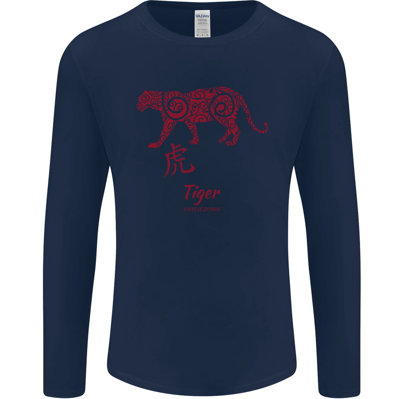Chinese Zodiac Shengxiao Year of the Tiger Mens Long Sleeve T-Shirt Navy Blue
