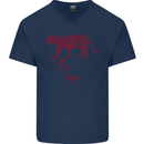 Chinese Zodiac Shengxiao Year of the Tiger Mens V-Neck Cotton T-Shirt Navy Blue