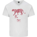 Chinese Zodiac Shengxiao Year of the Tiger Mens V-Neck Cotton T-Shirt White
