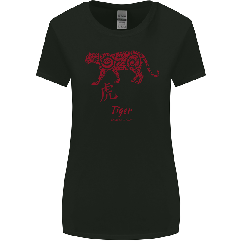 Chinese Zodiac Shengxiao Year of the Tiger Womens Wider Cut T-Shirt Black