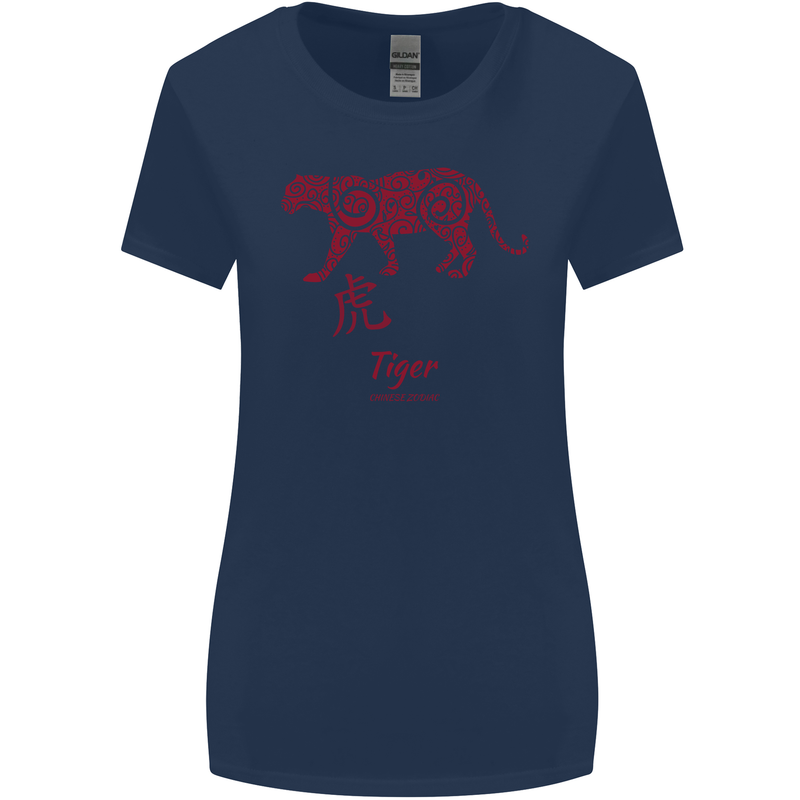 Chinese Zodiac Shengxiao Year of the Tiger Womens Wider Cut T-Shirt Navy Blue