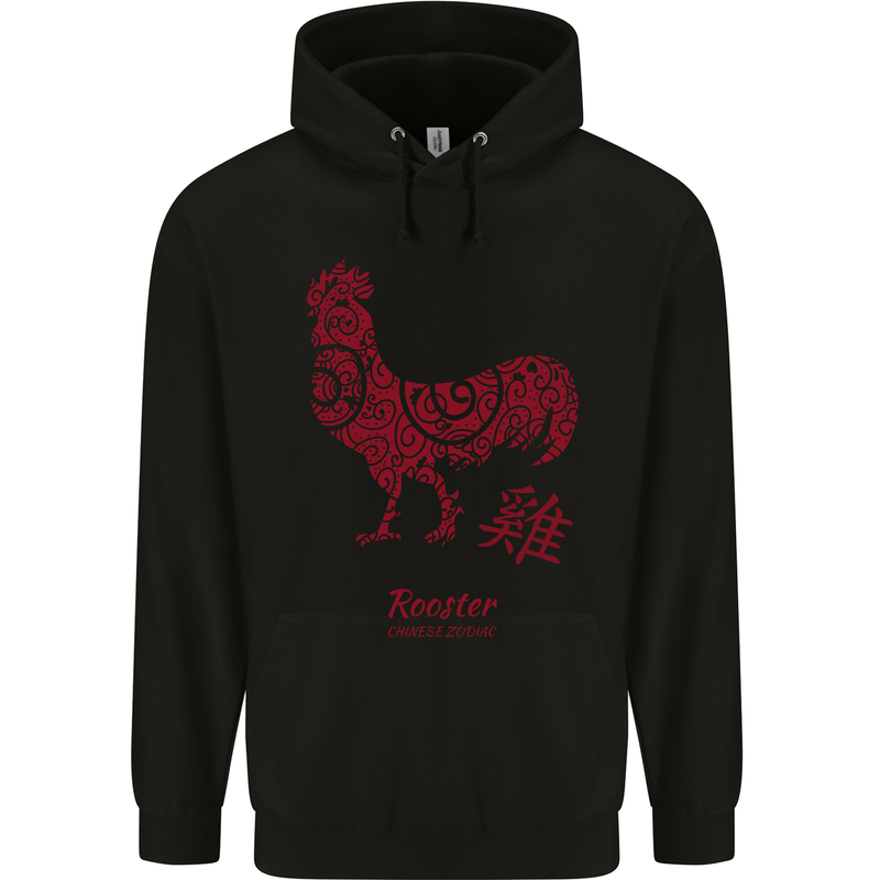 Chinese Zodiac Year of the Rooster Mens 80% Cotton Hoodie Black