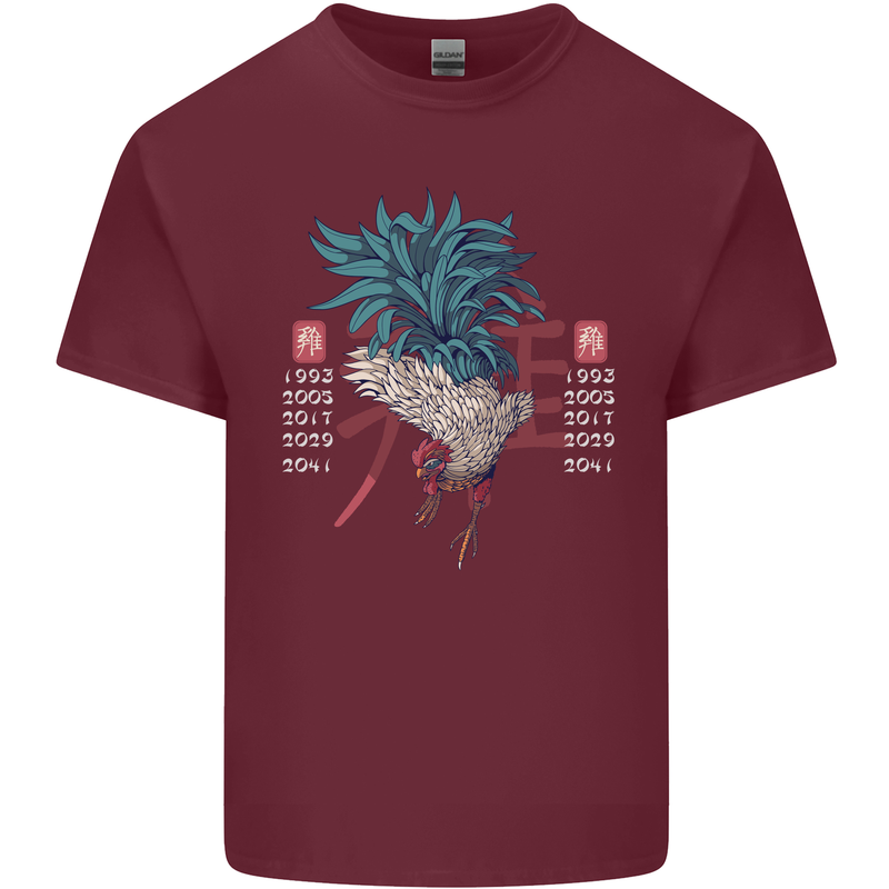 Chinese Zodiac Year of the Rooster Mens Cotton T-Shirt Tee Top Maroon