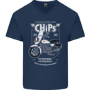 Chips Police Motorcycle Drama Motorbike Mens V-Neck Cotton T-Shirt Navy Blue