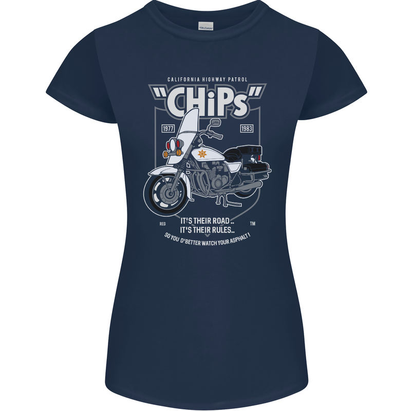 Chips Police Motorcycle Drama Motorbike Womens Petite Cut T-Shirt Navy Blue