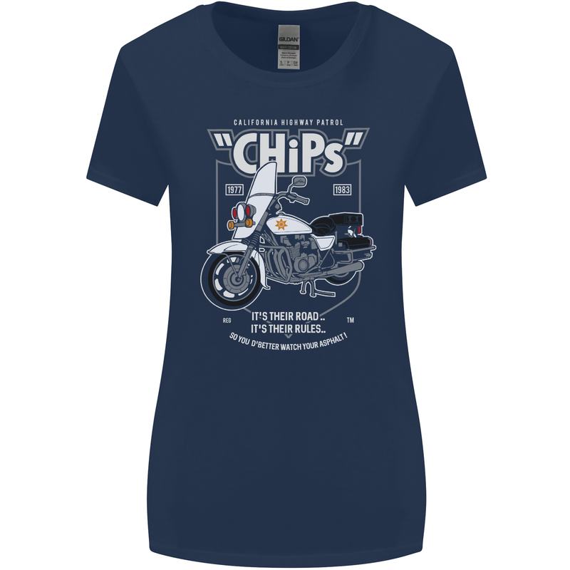 Chips Police Motorcycle Drama Motorbike Womens Wider Cut T-Shirt Navy Blue