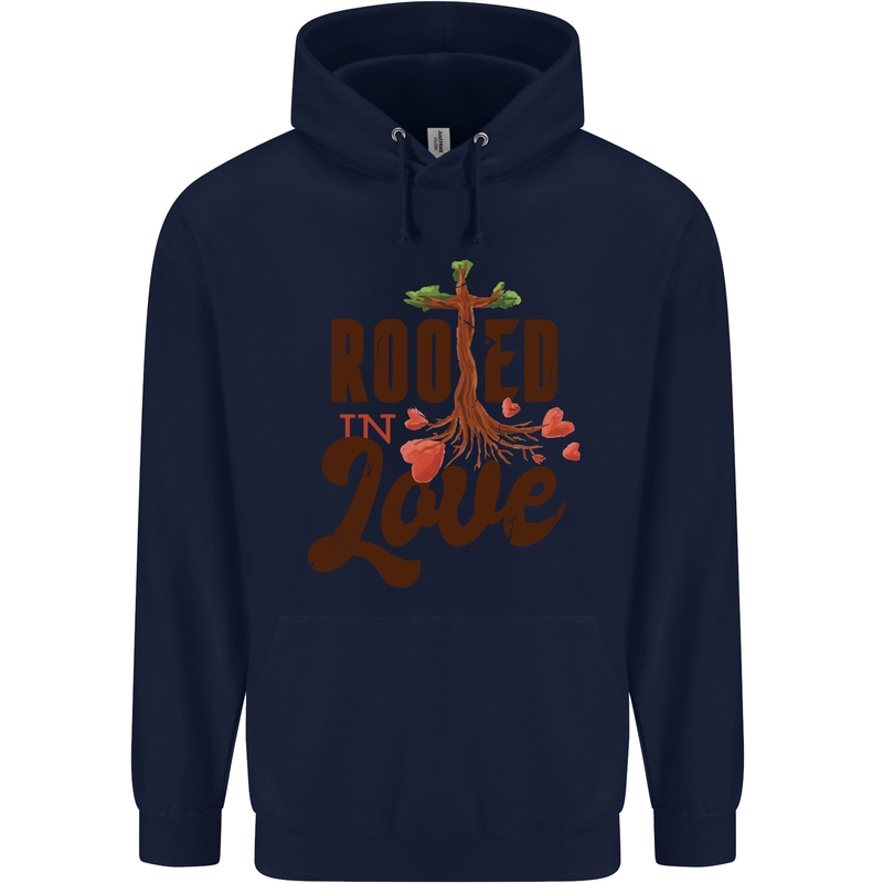 Christian Rooted in Love Christianity Jesus Mens 80% Cotton Hoodie Navy Blue
