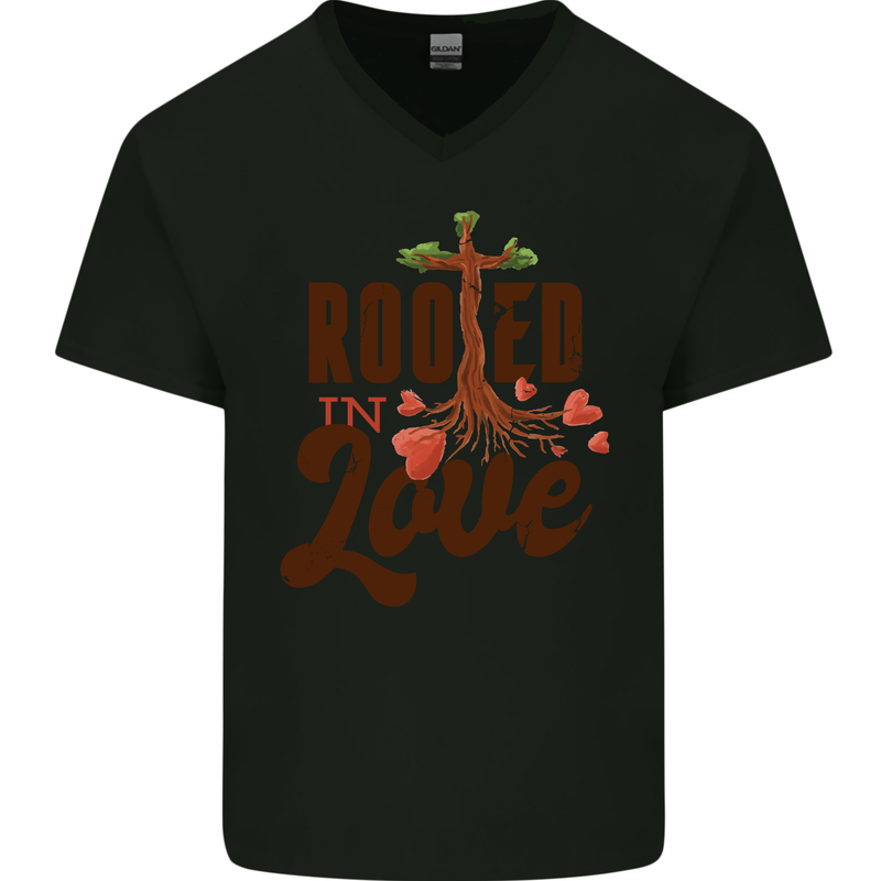 Christian Rooted in Love Christianity Jesus Mens V-Neck Cotton T-Shirt Black