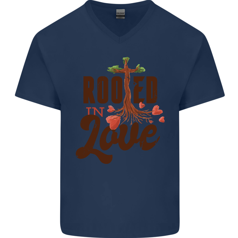 Christian Rooted in Love Christianity Jesus Mens V-Neck Cotton T-Shirt Navy Blue