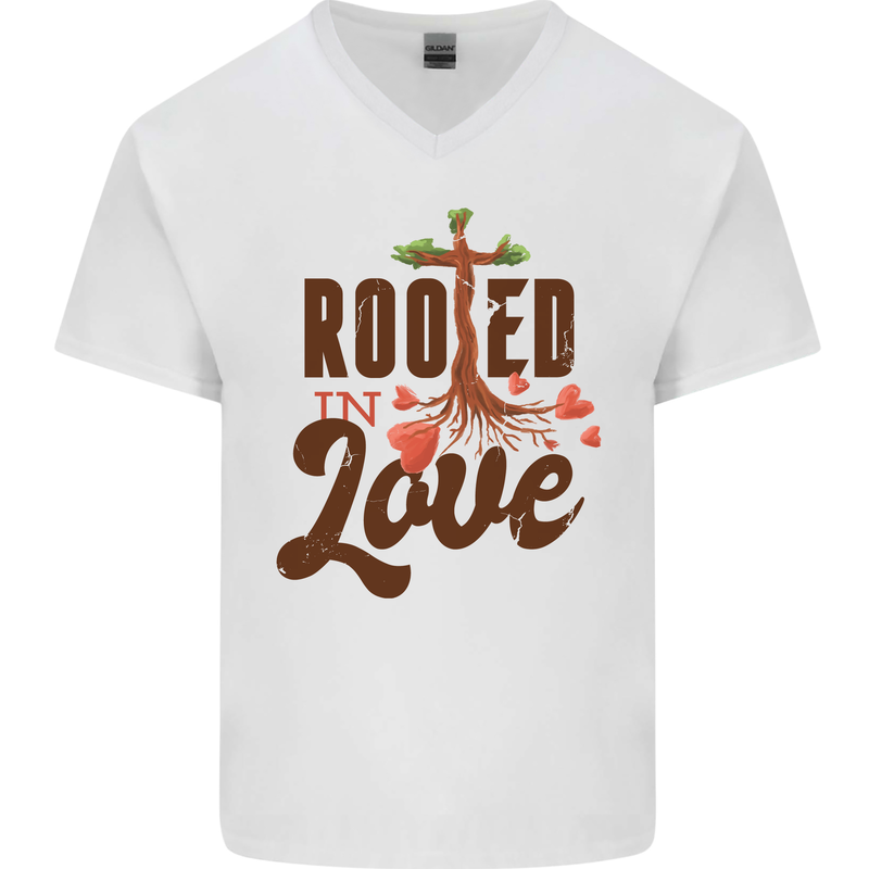 Christian Rooted in Love Christianity Jesus Mens V-Neck Cotton T-Shirt White