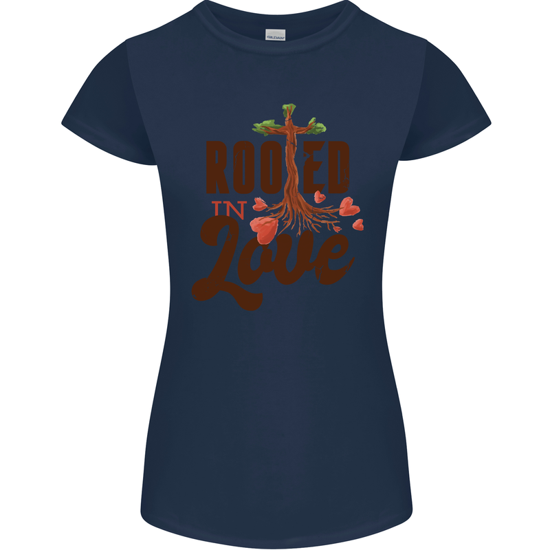 Christian Rooted in Love Christianity Jesus Womens Petite Cut T-Shirt Navy Blue