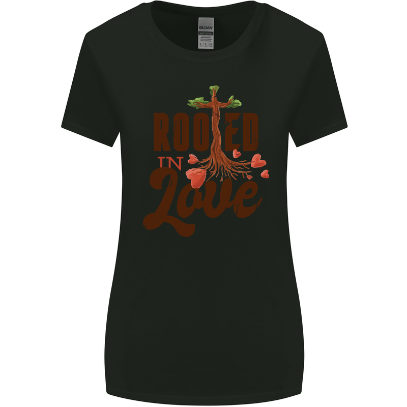 Christian Rooted in Love Christianity Jesus Womens Wider Cut T-Shirt Black