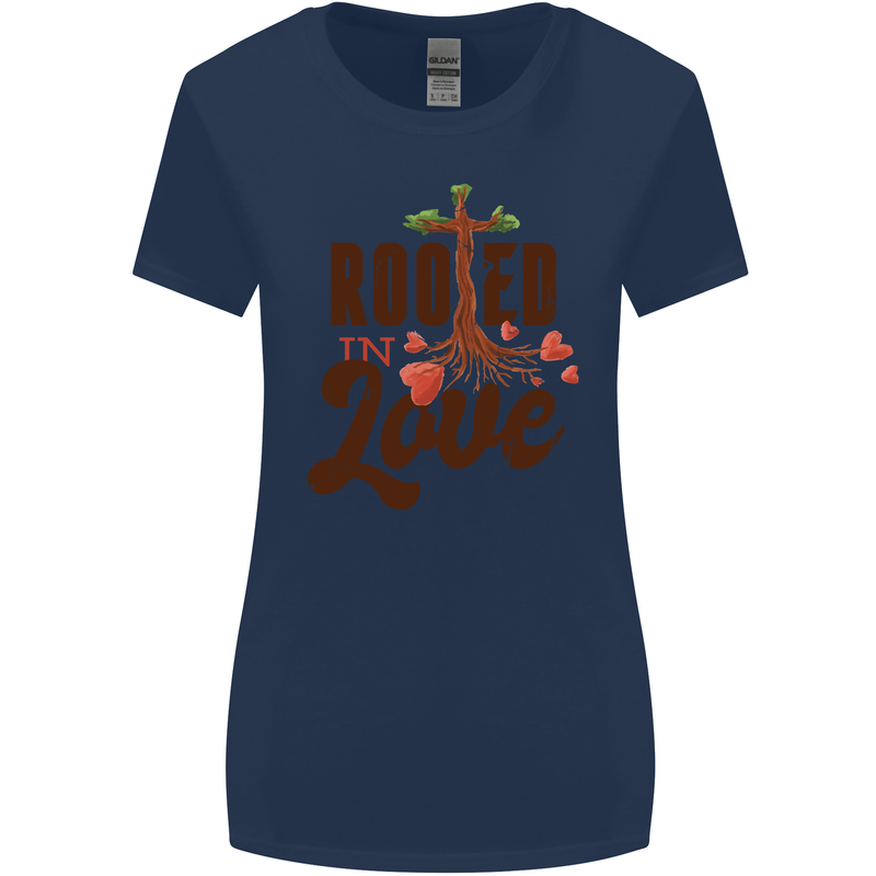 Christian Rooted in Love Christianity Jesus Womens Wider Cut T-Shirt Navy Blue
