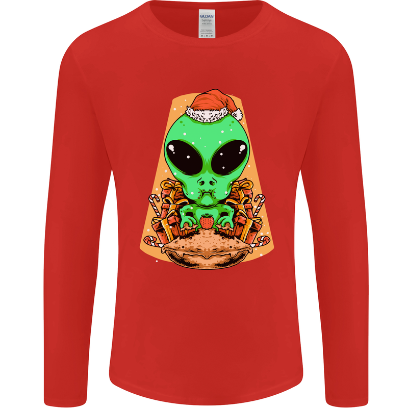 Christmas Alien UFO Santa Space Ship Funny Mens Long Sleeve T-Shirt Red