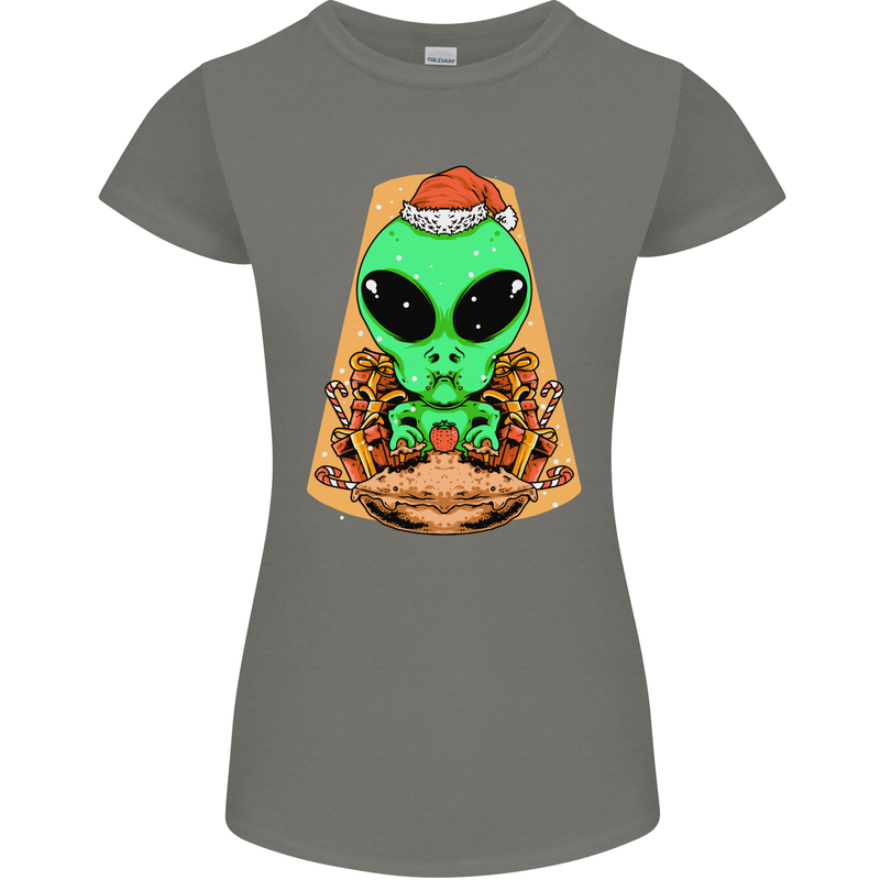 Christmas Alien UFO Santa Space Ship Funny Womens Petite Cut T-Shirt Charcoal