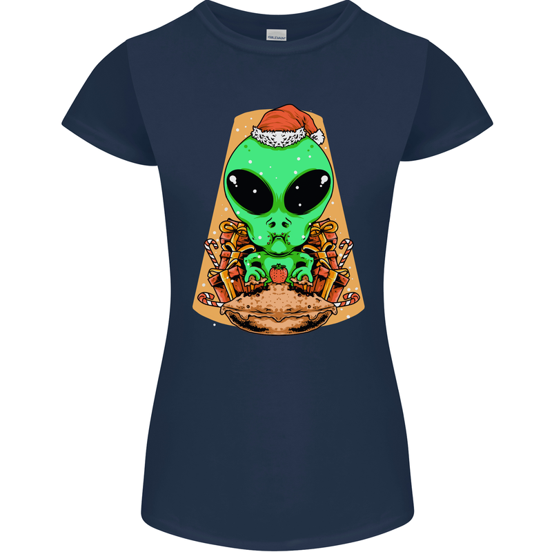 Christmas Alien UFO Santa Space Ship Funny Womens Petite Cut T-Shirt Navy Blue