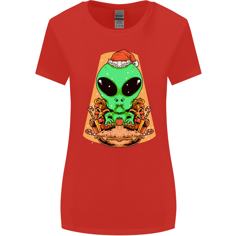 Christmas Alien UFO Santa Space Ship Funny Womens Wider Cut T-Shirt Red