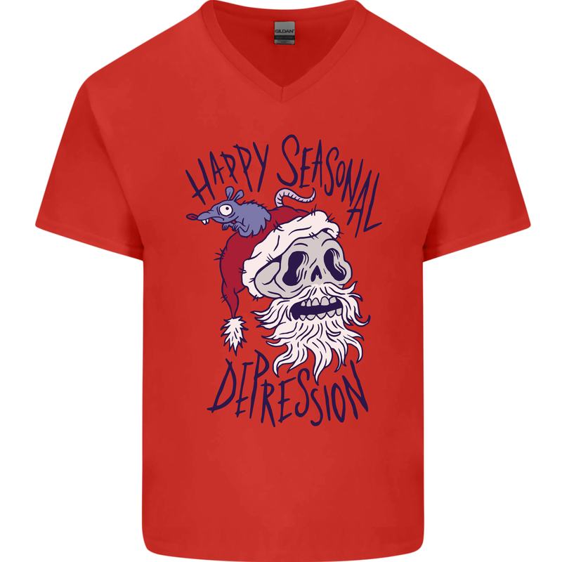 Christmas Bah Humbug Skull Scrouge Mens V-Neck Cotton T-Shirt Red