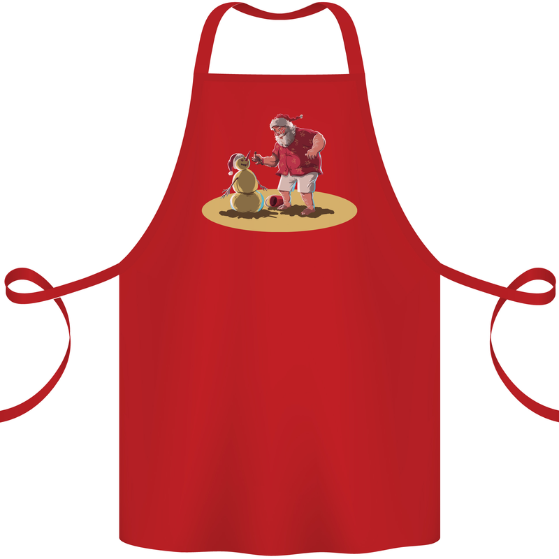 Christmas Beach Santa Clause & Snowman Cotton Apron 100% Organic Red