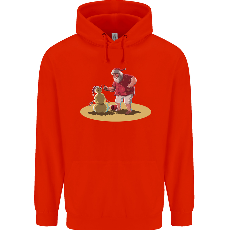 Christmas Beach Santa Clause & Snowman Mens 80% Cotton Hoodie Bright Red