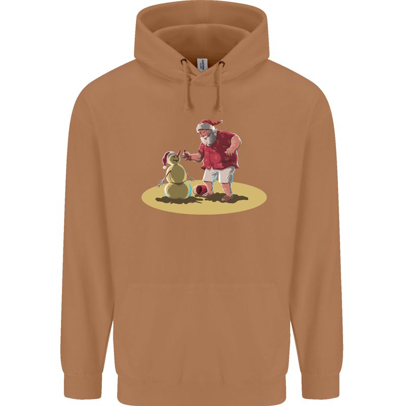 Christmas Beach Santa Clause & Snowman Mens 80% Cotton Hoodie Caramel Latte