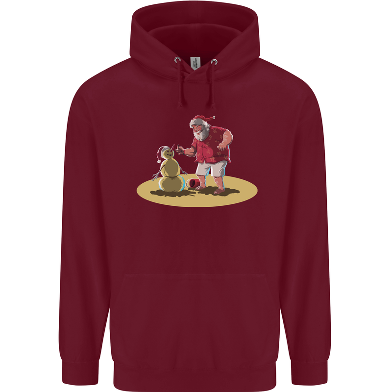 Christmas Beach Santa Clause & Snowman Mens 80% Cotton Hoodie Maroon