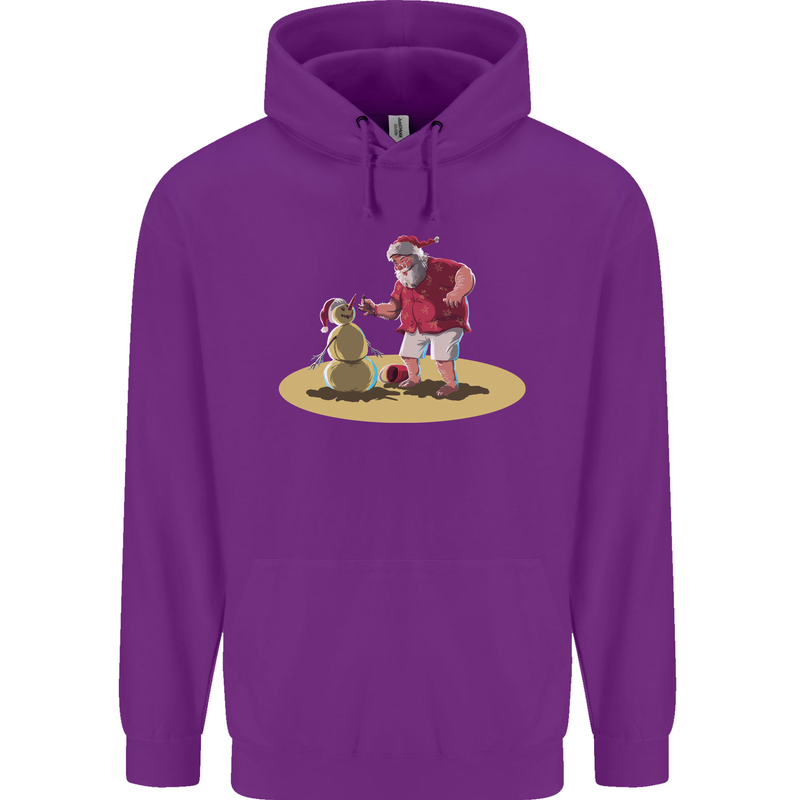 Christmas Beach Santa Clause & Snowman Mens 80% Cotton Hoodie Purple