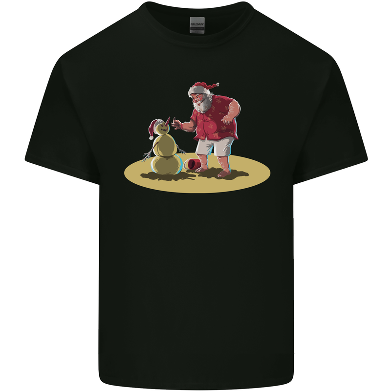 Christmas Beach Santa Clause & Snowman Mens Cotton T-Shirt Tee Top Black