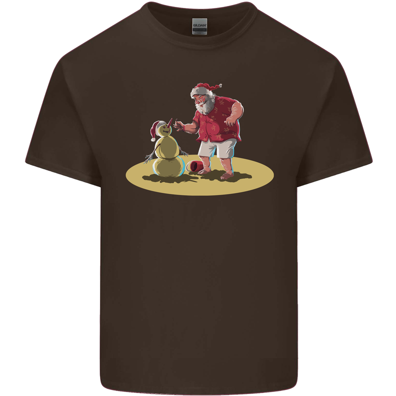 Christmas Beach Santa Clause & Snowman Mens Cotton T-Shirt Tee Top Dark Chocolate