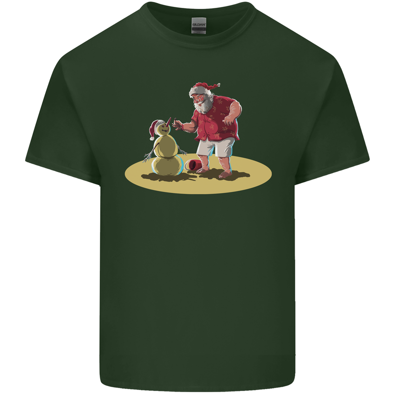 Christmas Beach Santa Clause & Snowman Mens Cotton T-Shirt Tee Top Forest Green