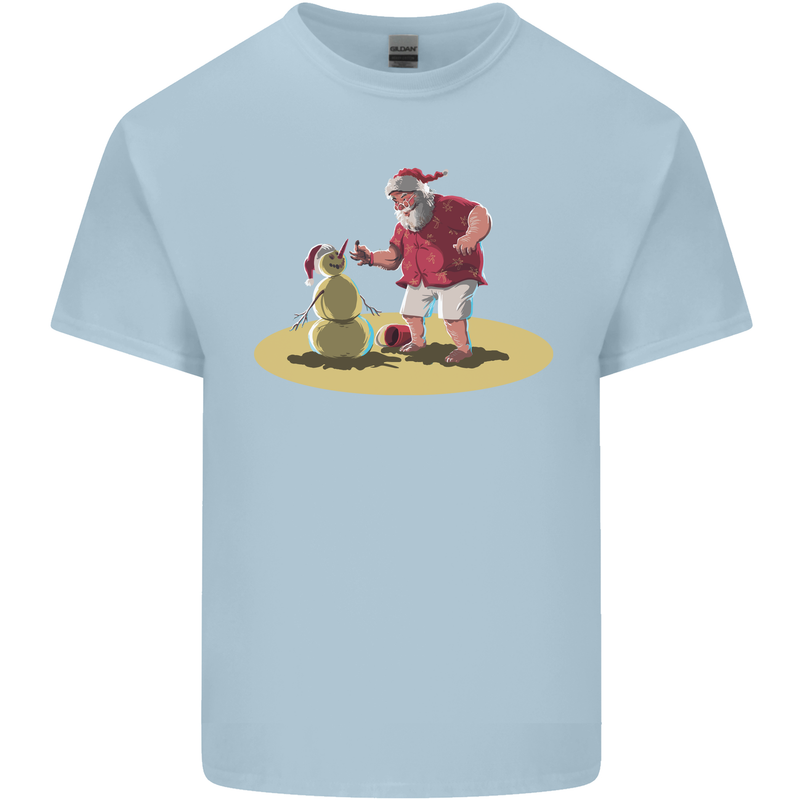 Christmas Beach Santa Clause & Snowman Mens Cotton T-Shirt Tee Top Light Blue