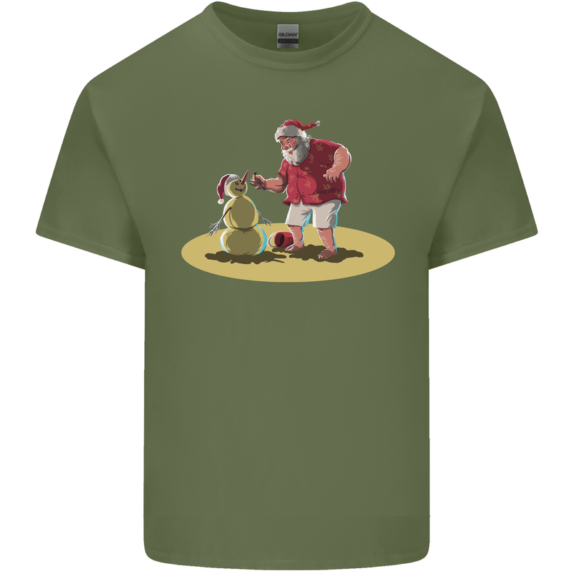 Christmas Beach Santa Clause & Snowman Mens Cotton T-Shirt Tee Top Military Green