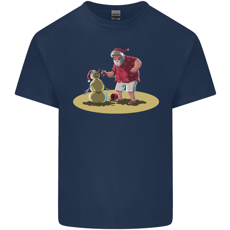 Christmas Beach Santa Clause & Snowman Mens Cotton T-Shirt Tee Top Navy Blue