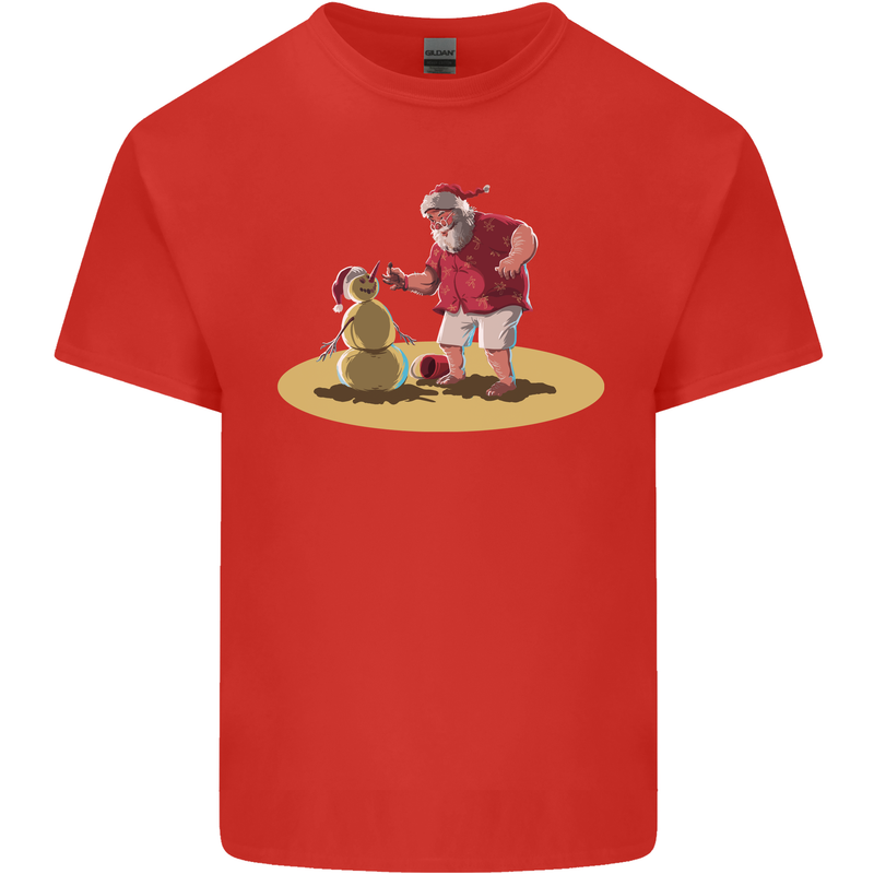 Christmas Beach Santa Clause & Snowman Mens Cotton T-Shirt Tee Top Red