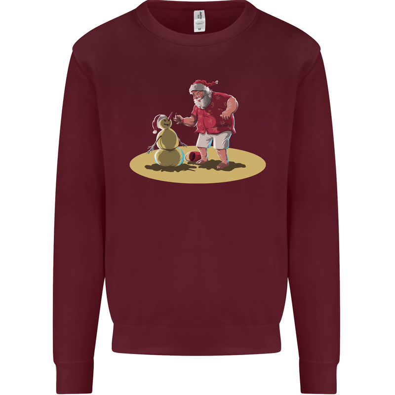Christmas Beach Santa Clause & Snowman Mens Sweatshirt Jumper Maroon