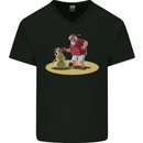 Christmas Beach Santa Clause & Snowman Mens V-Neck Cotton T-Shirt Black