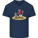 Christmas Beach Santa Clause & Snowman Mens V-Neck Cotton T-Shirt Navy Blue