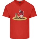 Christmas Beach Santa Clause & Snowman Mens V-Neck Cotton T-Shirt Red