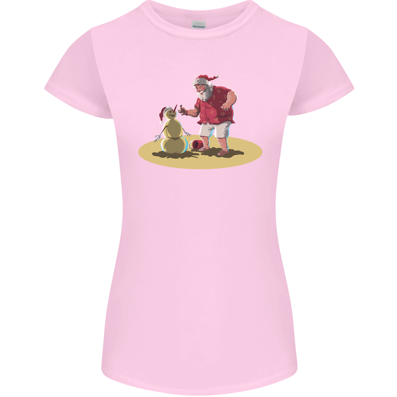 Christmas Beach Santa Clause & Snowman Womens Petite Cut T-Shirt Light Pink