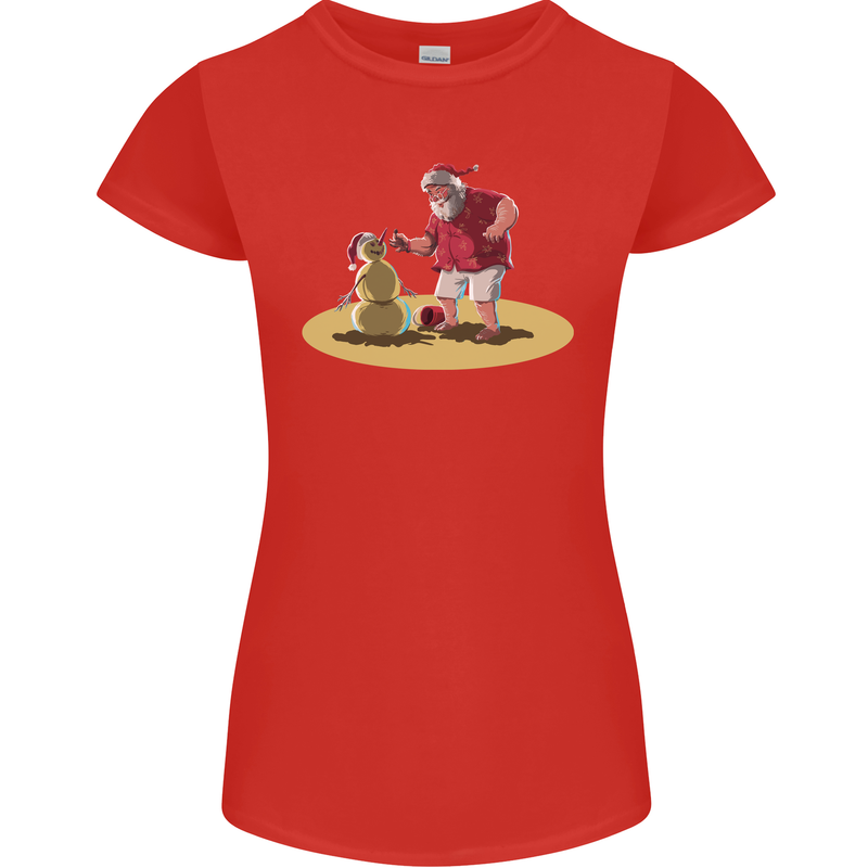 Christmas Beach Santa Clause & Snowman Womens Petite Cut T-Shirt Red