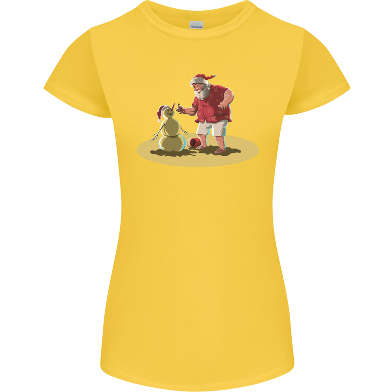Christmas Beach Santa Clause & Snowman Womens Petite Cut T-Shirt Yellow