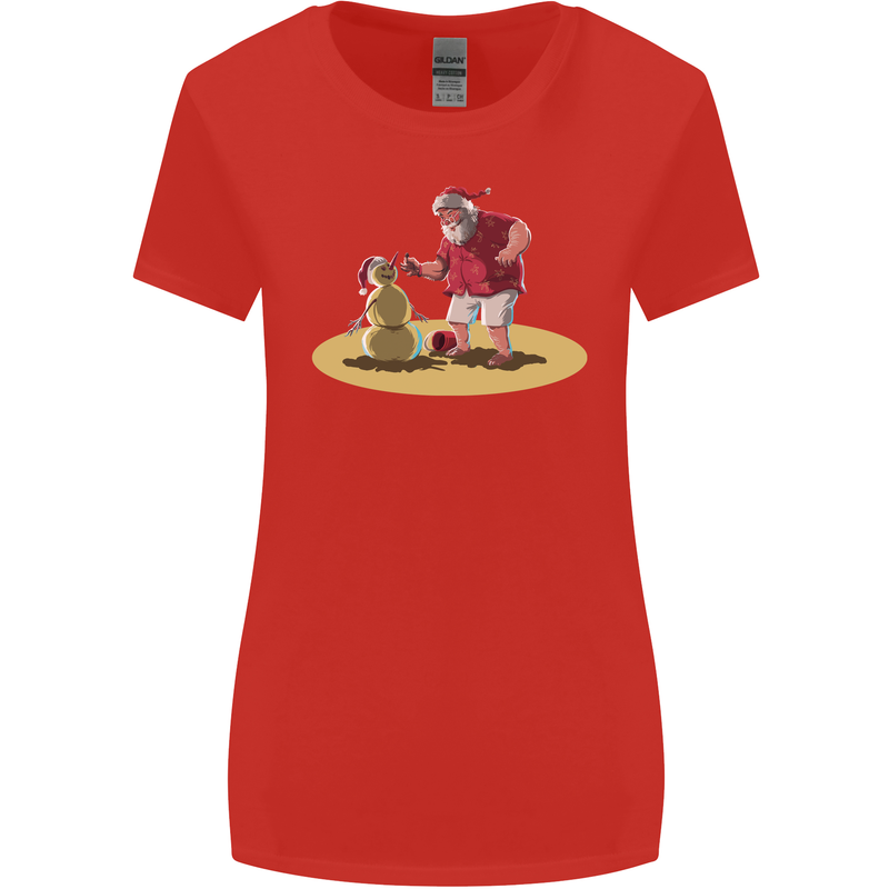 Christmas Beach Santa Clause & Snowman Womens Wider Cut T-Shirt Red