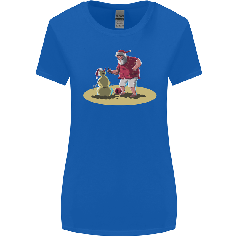 Christmas Beach Santa Clause & Snowman Womens Wider Cut T-Shirt Royal Blue
