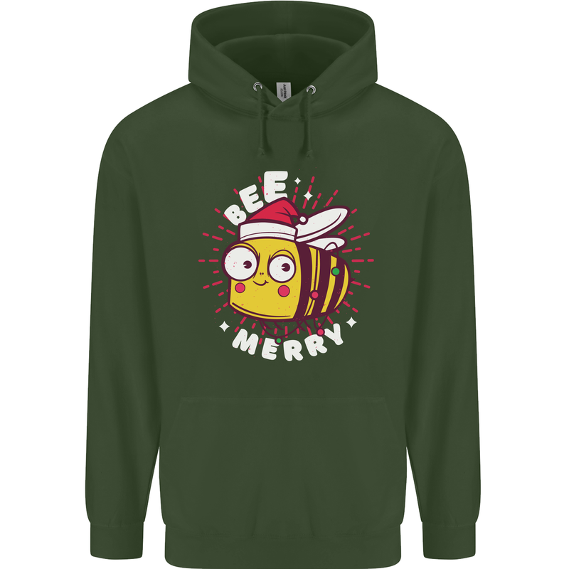 Christmas Bee Merry Funny Novelty Childrens Kids Hoodie Forest Green