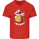 Christmas Bee Merry Funny Novelty Mens V-Neck Cotton T-Shirt Red